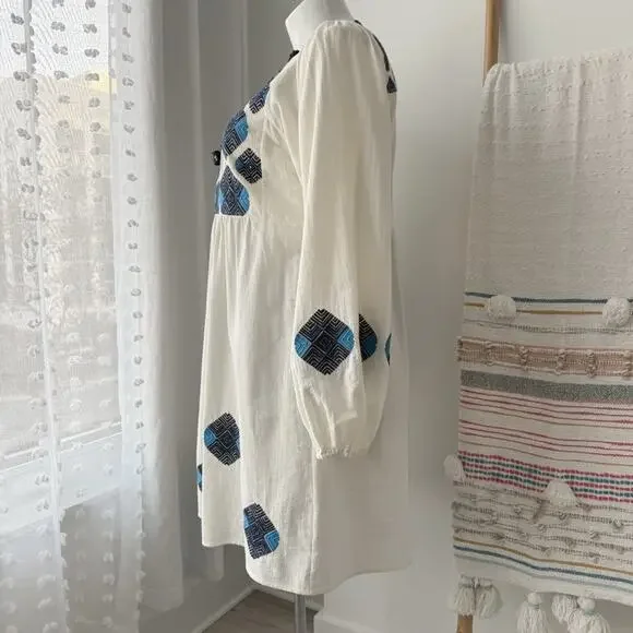 Figue Lucie White Blue Embroidered Pom Pom Long Balloon Sleeves Boho Mini Dress - Picture 6 of 13